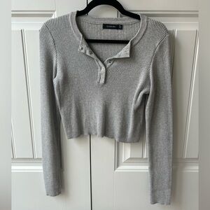 Glassons 100% Cotton Grey Ribbed Snap Henley Crop Long Sleeve Top